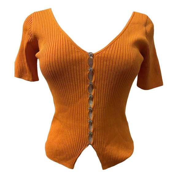 Sandro Orange Ribbed Button-Down Top - Picture 6 of 6